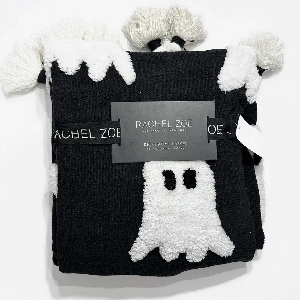 NWT Rachel Zoe Halloween Throw Blanket Black Tufted Ghosts Tassel Cottagecore